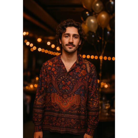 ASOS Mens Medium Relaxed Satin Shirt Brown Orange Paisley Avant Garde Maximalist - Picture 1 of 8